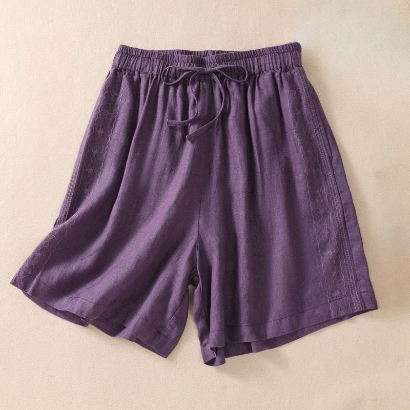 Buddha Stones Casual Floral Embroidery Pattern Drawstring Women's Shorts With Pockets - DarkMagenta - US8-10，UK/AU12-14，EU40-42 (2XL) - image 0