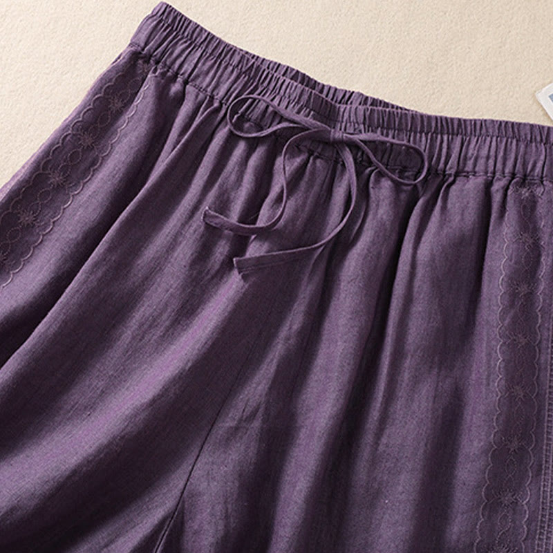 Buddha Stones Casual Floral Embroidery Pattern Drawstring Women's Shorts With Pockets - image 2