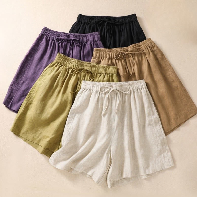 Buddha Stones Casual Floral Embroidery Pattern Drawstring Cotton Linen Women's Shorts With Pockets - image 20