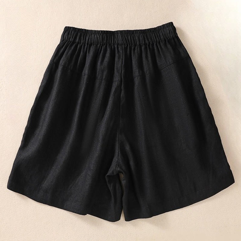 Buddha Stones Casual Floral Embroidery Pattern Drawstring Cotton Linen Women's Shorts With Pockets - image 4