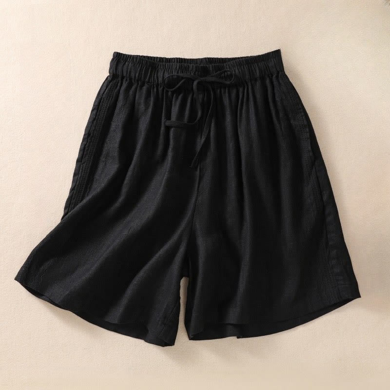 Buddha Stones Casual Floral Embroidery Pattern Drawstring Cotton Linen Women's Shorts With Pockets - Black - US8-10，UK/AU12-14，EU40-42 (2XL) - image 3