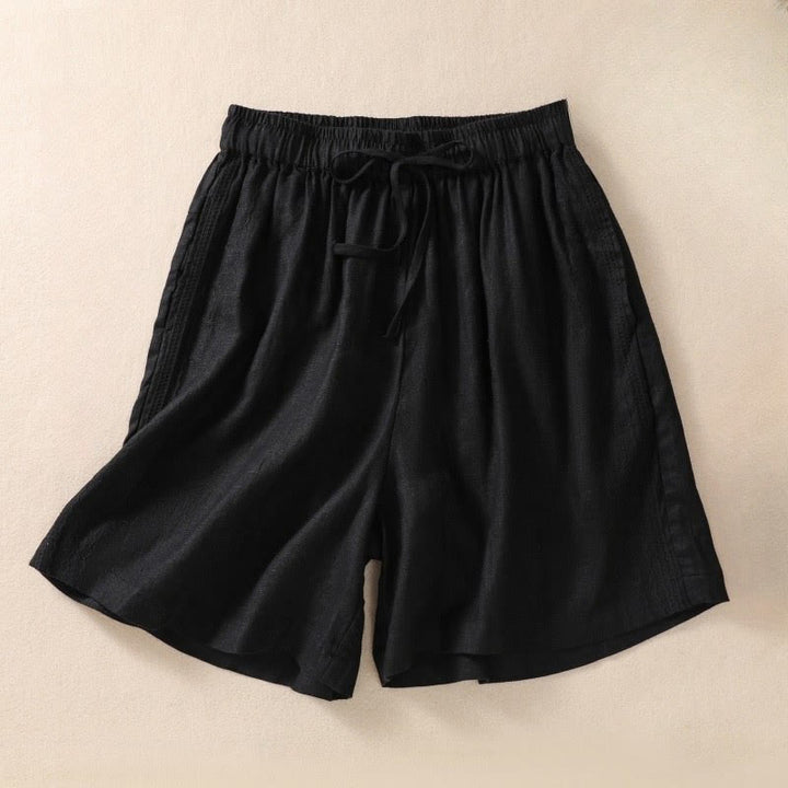 Buddha Stones Casual Floral Embroidery Pattern Drawstring Cotton Linen Women's Shorts With Pockets - Black - US8-10，UK/AU12-14，EU40-42 (2XL) - image 3