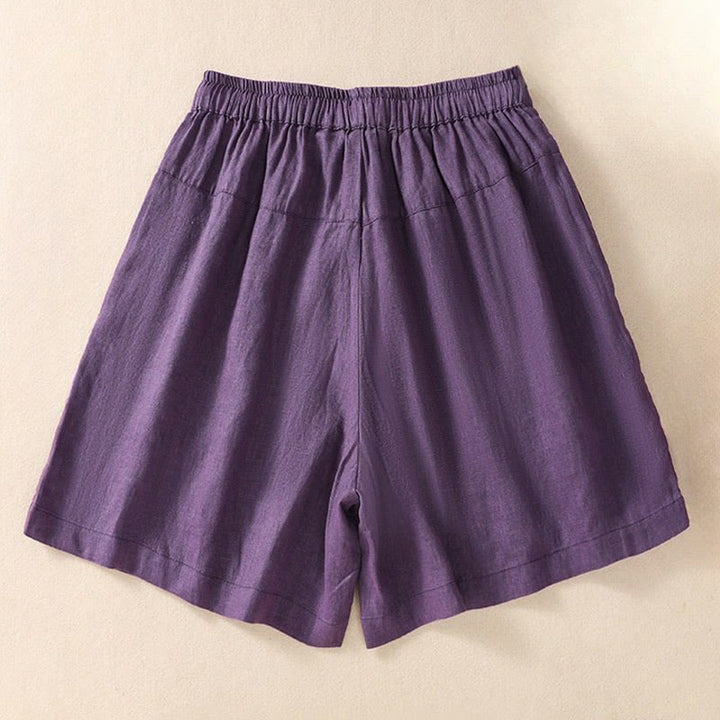 Buddha Stones Casual Floral Embroidery Pattern Drawstring Cotton Linen Women's Shorts With Pockets - image 1