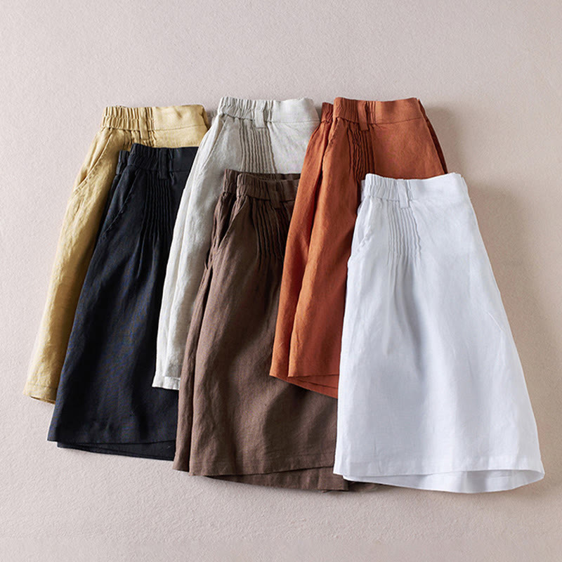 Buddha Stones Summer Daily Simple Wrinkle Design Cotton Linen Women's Shorts With Pockets - image 43