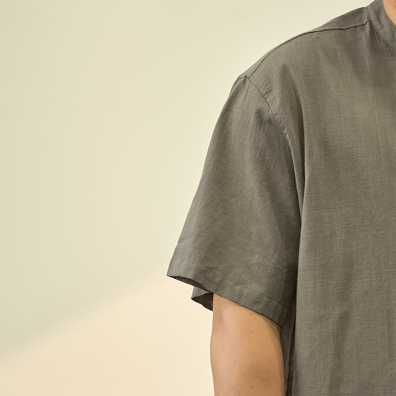 Buddha Stones Men's Summer Solid Color Short Sleeve Half Button Cotton Linen Shirt - image 2