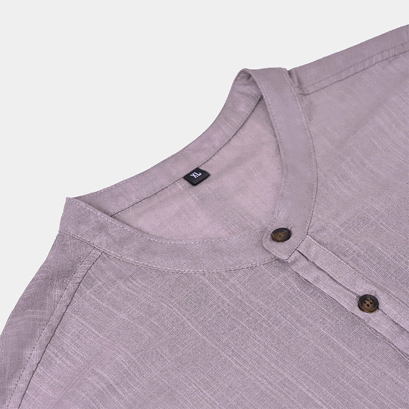 Buddha Stones Men's Summer Solid Color Short Sleeve Half Button Cotton Linen Shirt - image 15