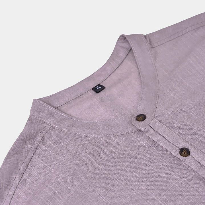Buddha Stones Men's Summer Solid Color Short Sleeve Half Button Cotton Linen Shirt - image 15