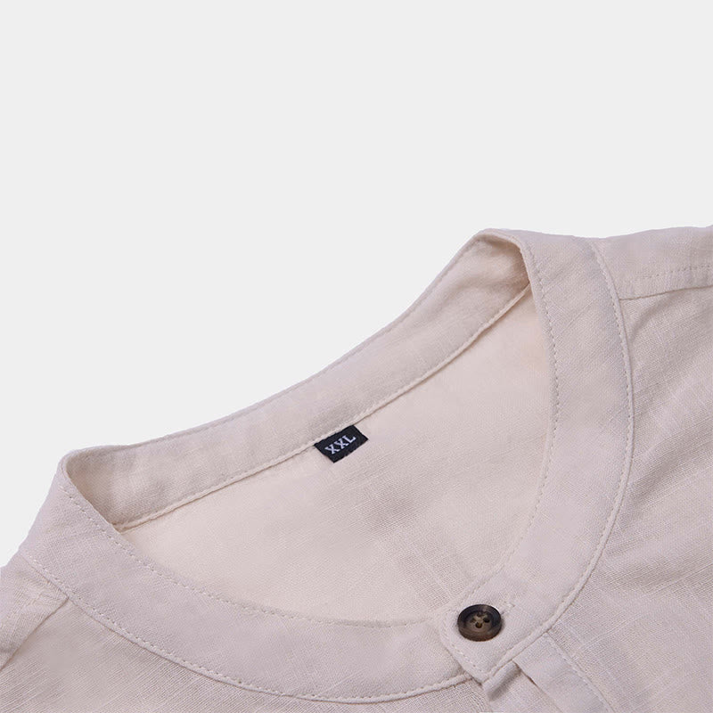 Buddha Stones Men's Summer Solid Color Short Sleeve Half Button Cotton Linen Shirt - image 21