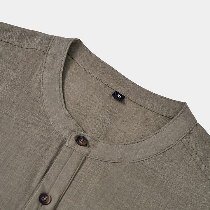 Buddha Stones Men's Summer Solid Color Short Sleeve Half Button Cotton Linen Shirt - image 8