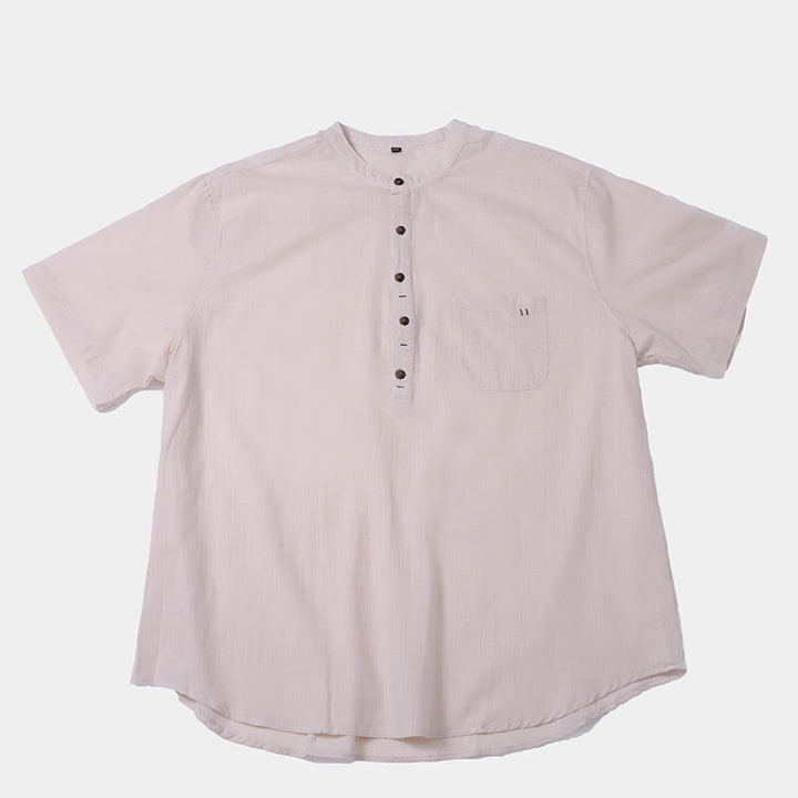Buddha Stones Men's Summer Solid Color Short Sleeve Half Button Cotton Linen Shirt - image 20