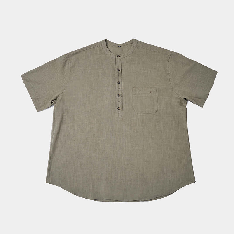 Buddha Stones Men's Summer Solid Color Short Sleeve Half Button Cotton Linen Shirt - image 5