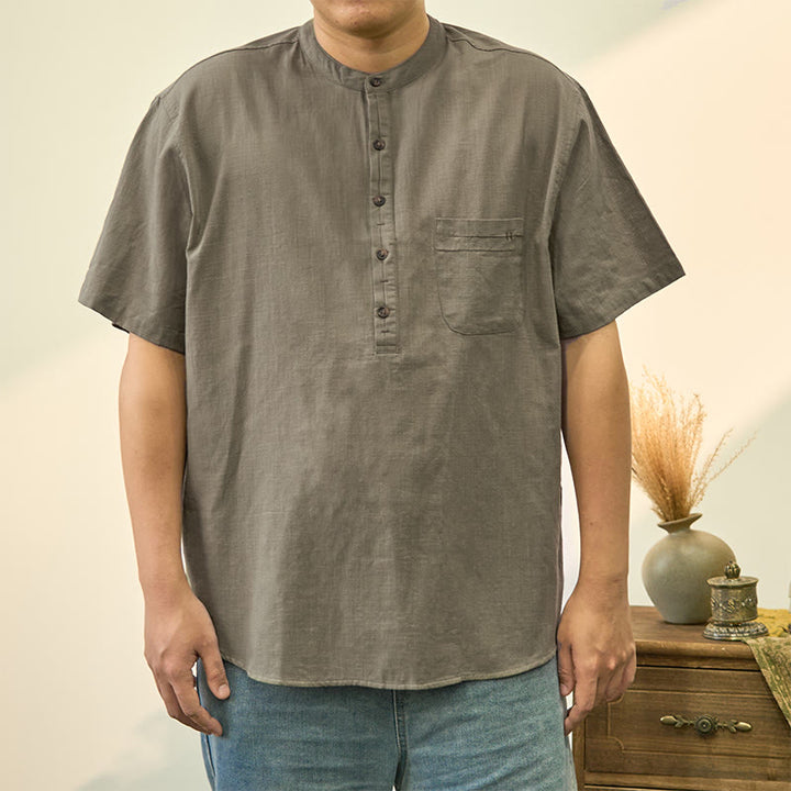 Buddha Stones Men's Summer Solid Color Short Sleeve Half Button Cotton Linen Shirt - DarkSeaGreen - US/UK/AU40，EU50 (2XL) - image 1