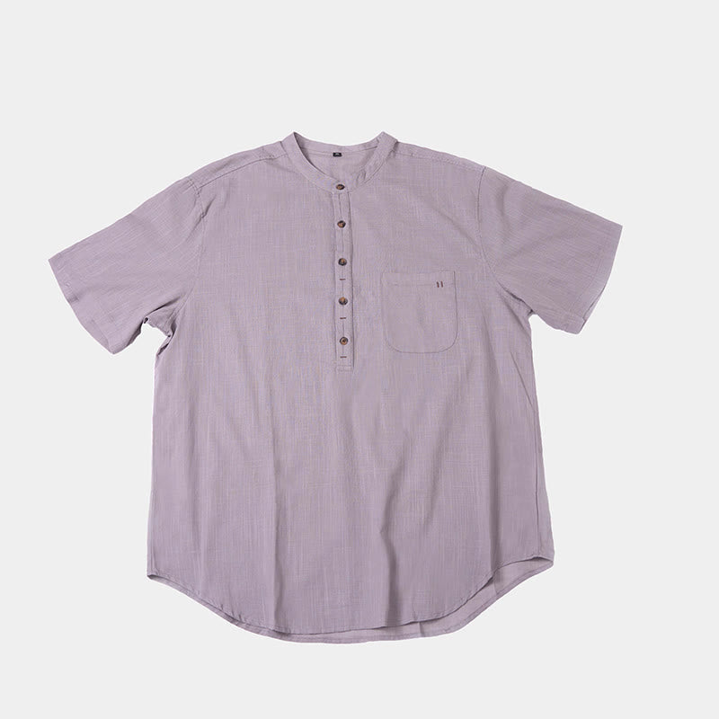 Buddha Stones Men's Summer Solid Color Short Sleeve Half Button Cotton Linen Shirt - image 14