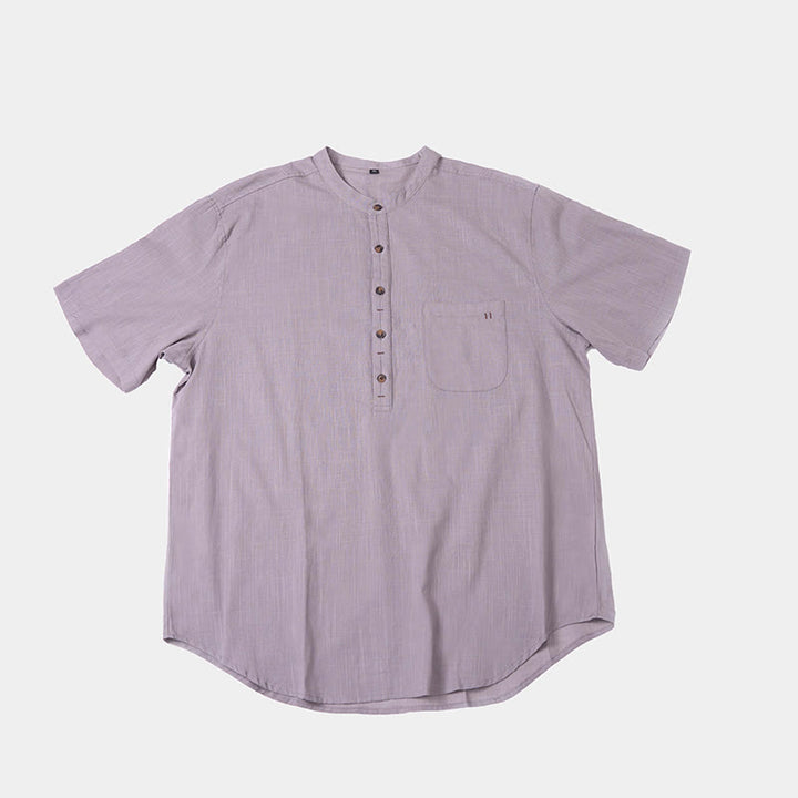 Buddha Stones Men's Summer Solid Color Short Sleeve Half Button Cotton Linen Shirt - image 14