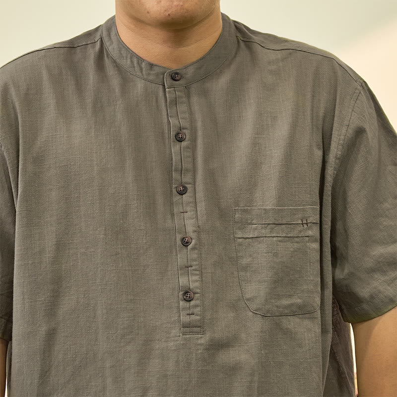Buddha Stones Men's Summer Solid Color Short Sleeve Half Button Cotton Linen Shirt - image 3
