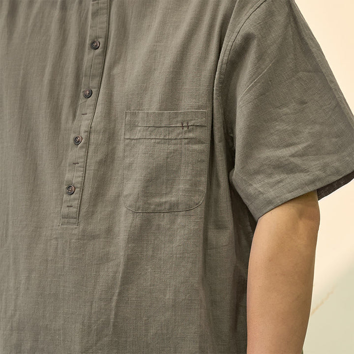 Buddha Stones Men's Summer Solid Color Short Sleeve Half Button Cotton Linen Shirt - image 4