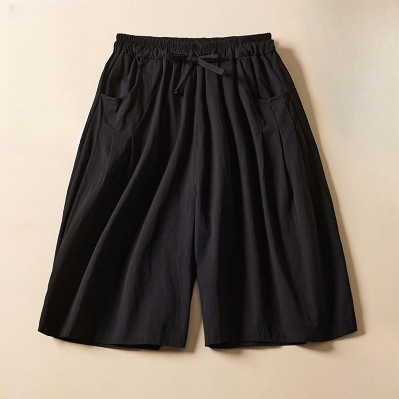 Buddha Stones Casual Solid Color Wrinkle Design Drawstring Cotton Women's Shorts With Pockets - Black - US8-10，UK/AU12-14，EU40-42 (2XL) - image 7