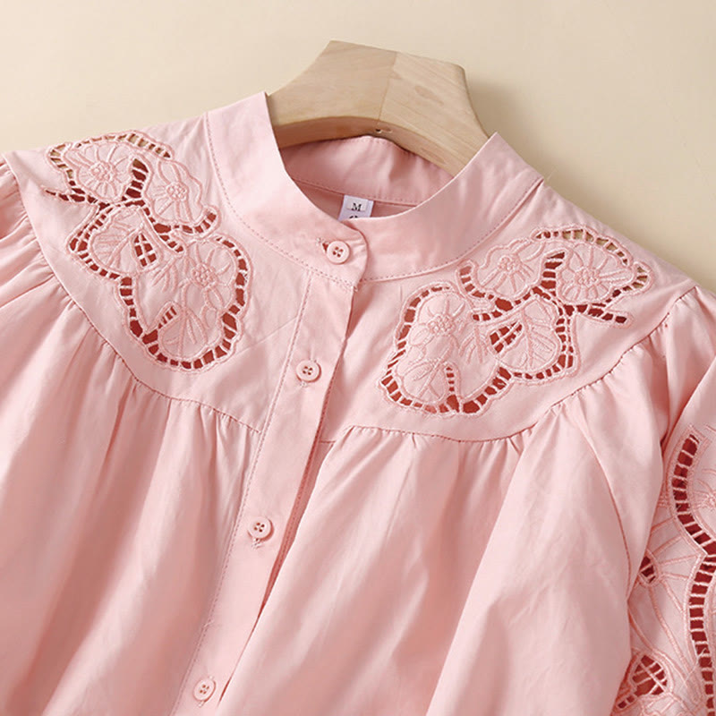 Buddha Stones Casual Embroidery Flower Hole Design Three Quarter Sleeve Cotton Linen Women's Shirt - image 1
