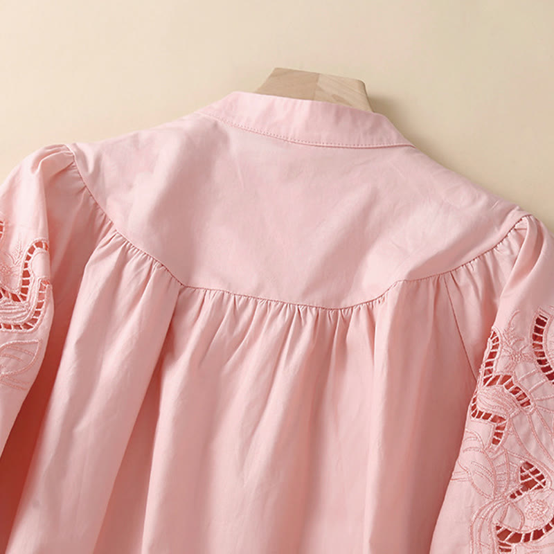 Buddha Stones Casual Embroidery Flower Hole Design Three Quarter Sleeve Cotton Linen Women's Shirt - image 2