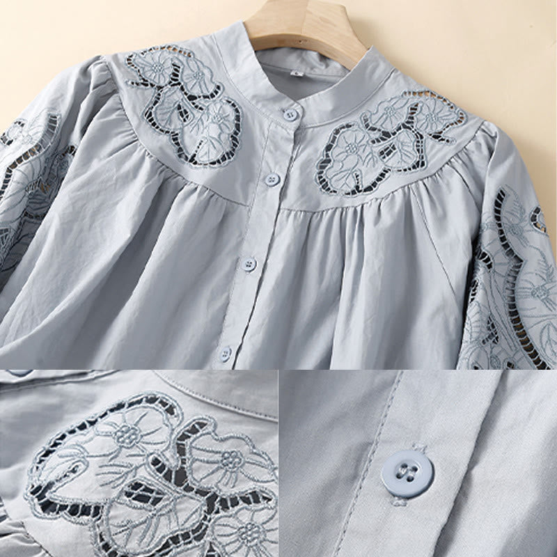 Buddha Stones Casual Embroidery Flower Hole Design Three Quarter Sleeve Cotton Linen Women's Shirt - image 11