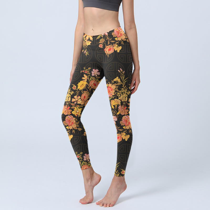 Buddha Stones Yellow Pink Flowers Green Leaves Print Gym Fitness Leggings Women's Yoga Pants - Black - US18，UK/AU22，EU50 (4XL) - image 1