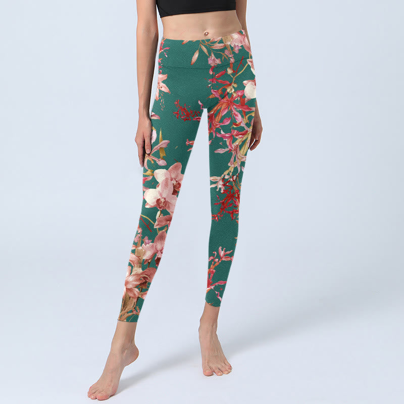 Buddha Stones Green Pink Flowers Print Gym Fitness Leggings Women's Yoga Pants - image 6