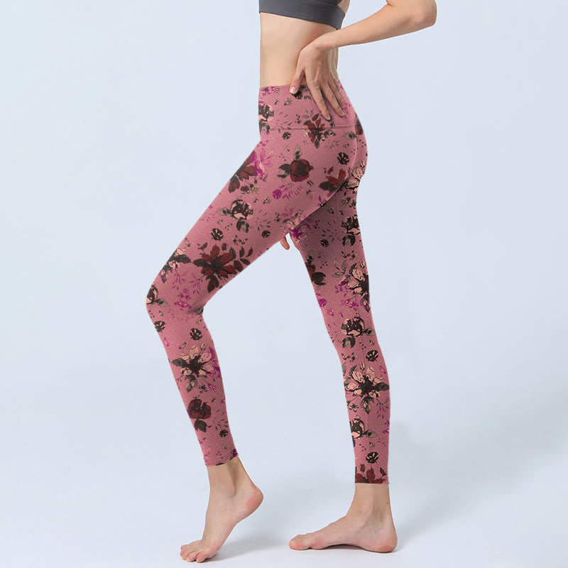 Buddha Stones Red Roses Pink Leaves Print Sports Fitness Leggings Women's Yoga Pants - image 3