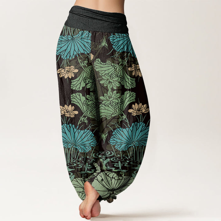 Buddha Stones Lotus Leaves Flowers Design Women's Elastic Waist Harem Pants