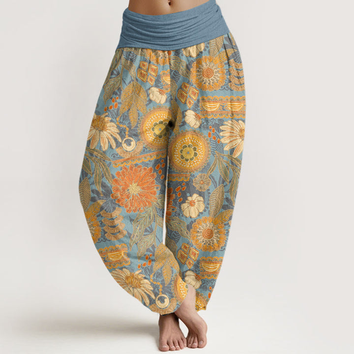 Buddha Stones Sunflowers Round Floral Design Women's Elastic Waist Harem Pants