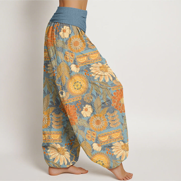 Buddha Stones Sunflowers Round Floral Design Women's Elastic Waist Harem Pants