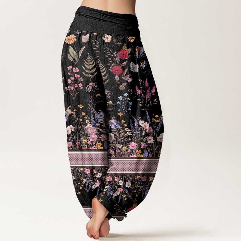 Buddha Stones Multicolored Flowers Butterflies Design Women's Elastic Waist Harem Pants