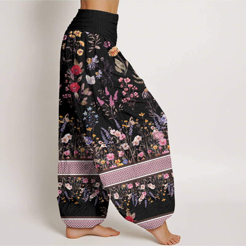 Buddha Stones Multicolored Flowers Butterflies Design Women's Elastic Waist Harem Pants