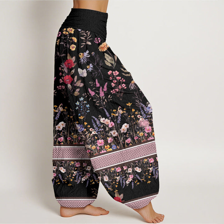 Buddha Stones Multicolored Flowers Butterflies Design Women's Elastic Waist Harem Pants