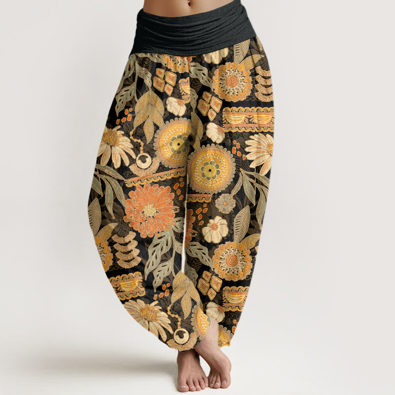 Buddha Stones Sunflowers Round Floral Design Women's Elastic Waist Harem Pants