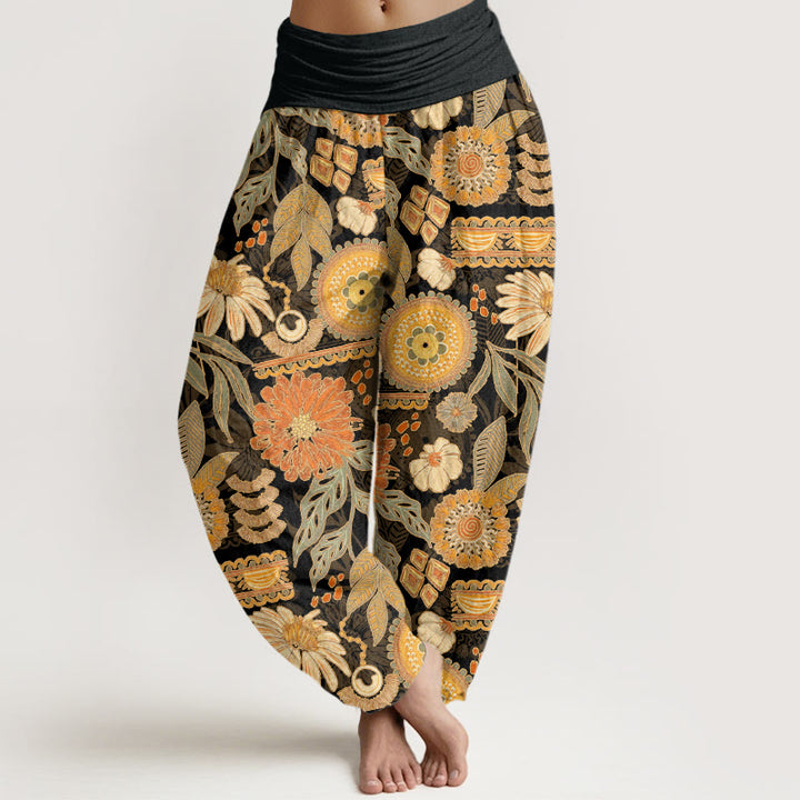 Buddha Stones Sunflowers Round Floral Design Women's Elastic Waist Harem Pants
