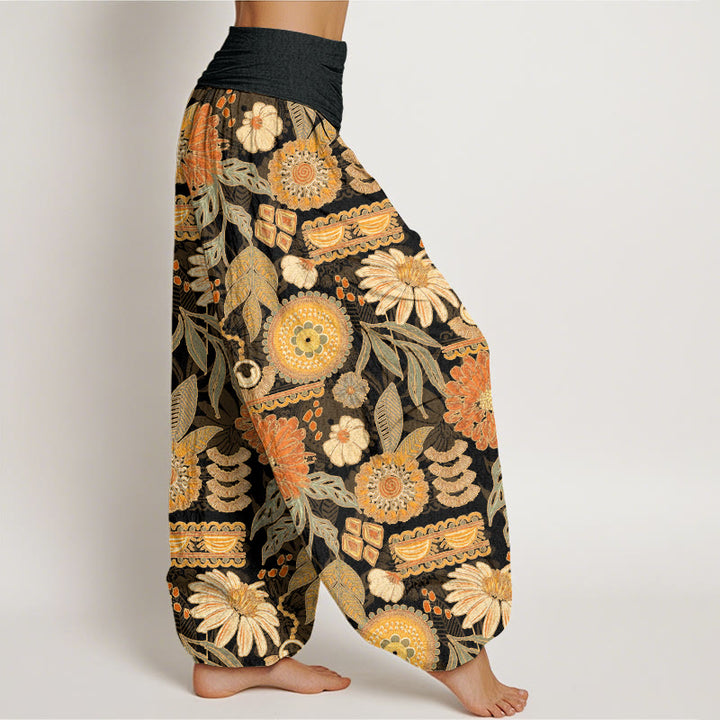 Buddha Stones Sunflowers Round Floral Design Women's Elastic Waist Harem Pants