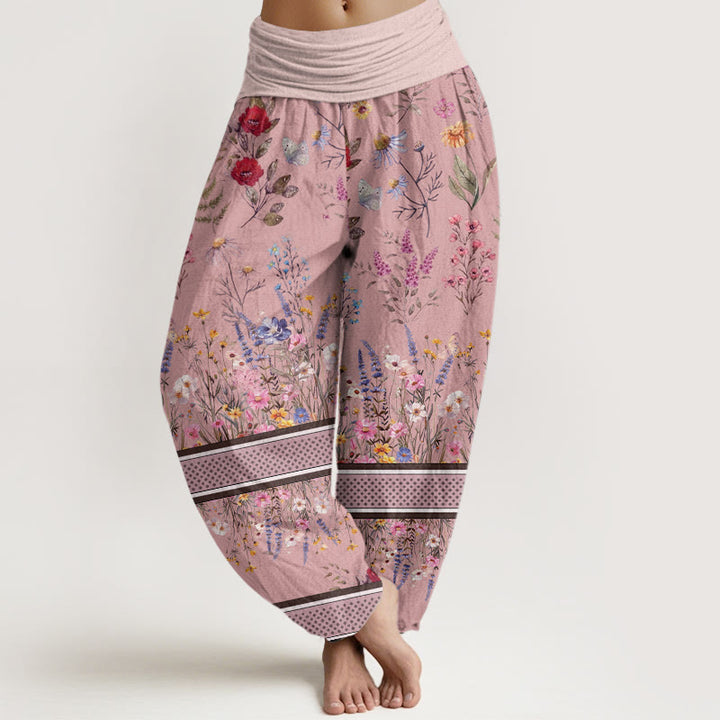 Buddha Stones Multicolored Flowers Butterflies Design Women's Elastic Waist Harem Pants