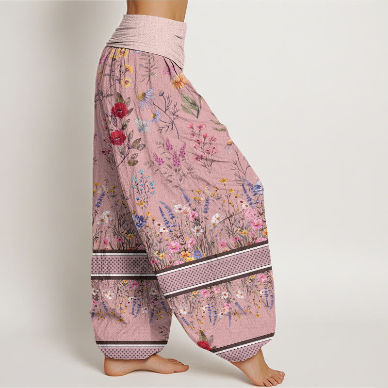 Buddha Stones Multicolored Flowers Butterflies Design Women's Elastic Waist Harem Pants