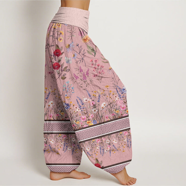 Buddha Stones Multicolored Flowers Butterflies Design Women's Elastic Waist Harem Pants
