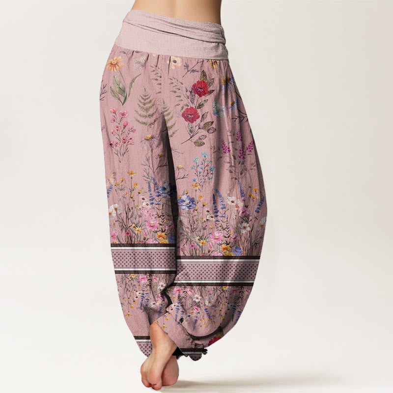Buddha Stones Multicolored Flowers Butterflies Design Women's Elastic Waist Harem Pants