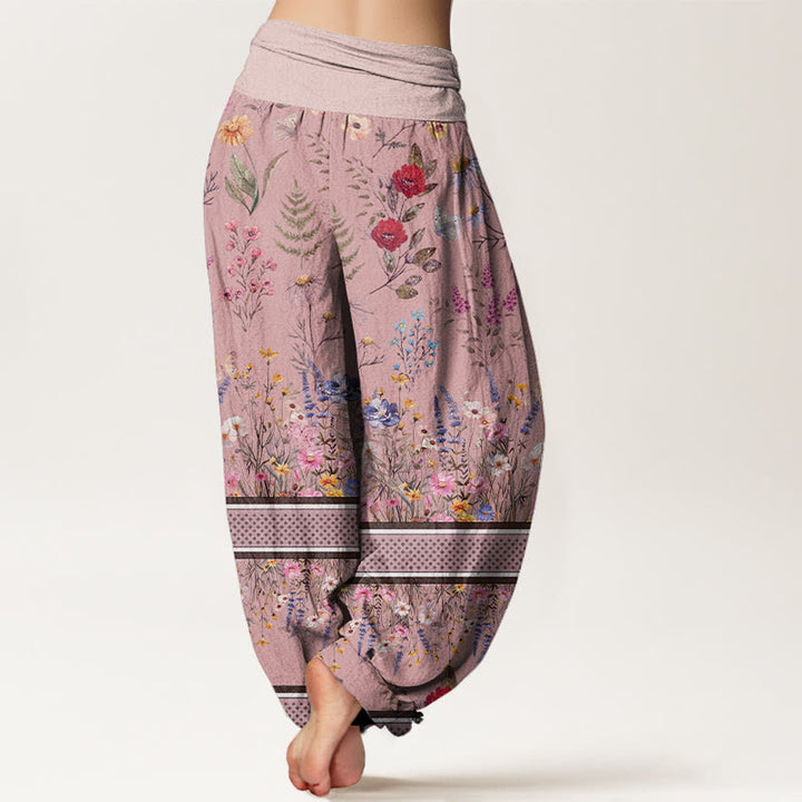 Buddha Stones Multicolored Flowers Butterflies Design Women's Elastic Waist Harem Pants