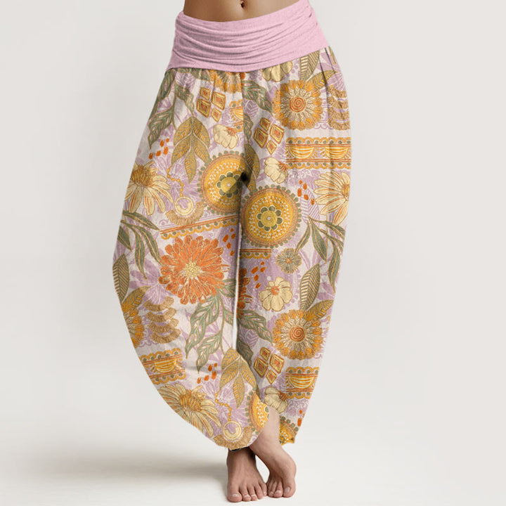 Buddha Stones Sunflowers Round Floral Design Women's Elastic Waist Harem Pants