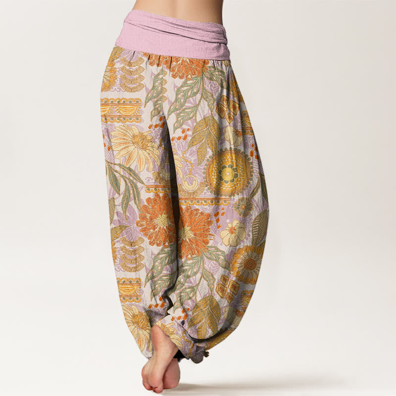Buddha Stones Sunflowers Round Floral Design Women's Elastic Waist Harem Pants