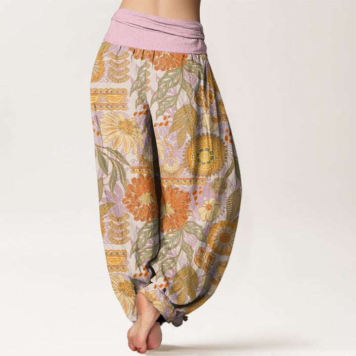 Buddha Stones Sunflowers Round Floral Design Women's Elastic Waist Harem Pants