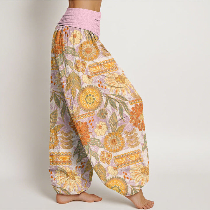 Buddha Stones Sunflowers Round Floral Design Women's Elastic Waist Harem Pants