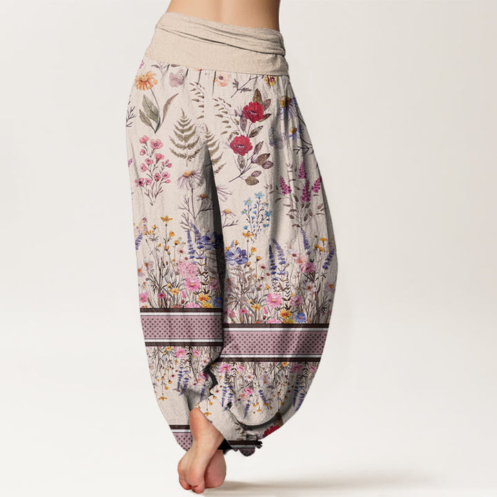 Buddha Stones Multicolored Flowers Butterflies Design Women's Elastic Waist Harem Pants
