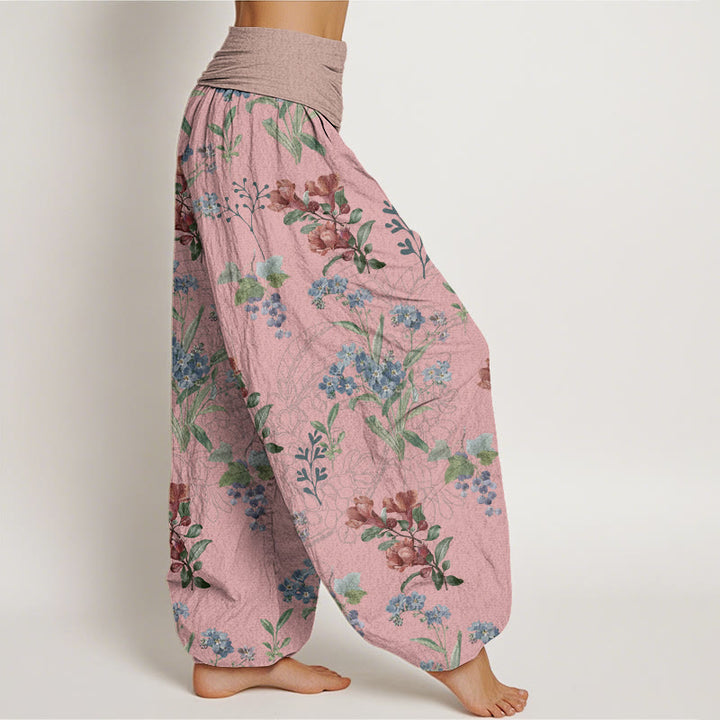 Buddha Stones Red Blue Flowers Green Leaves Design Women's Elastic Waist Harem Pants