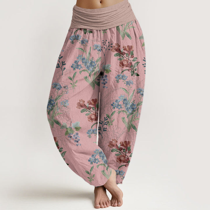 Buddha Stones Red Blue Flowers Green Leaves Design Women's Elastic Waist Harem Pants