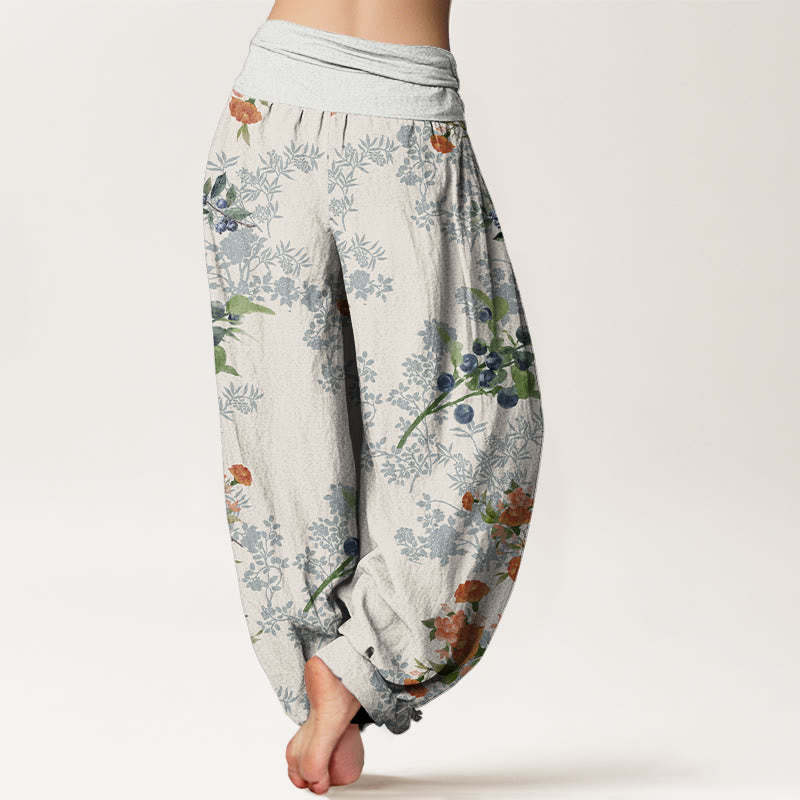 Buddha Stones Flower Blueberry Design Women's Elastic Waist Harem Pants