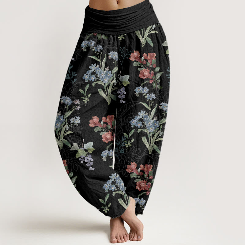 Buddha Stones Red Blue Flowers Green Leaves Design Women's Elastic Waist Harem Pants - Black - US22，UK/AU26，EU54 (6XL) - image 5